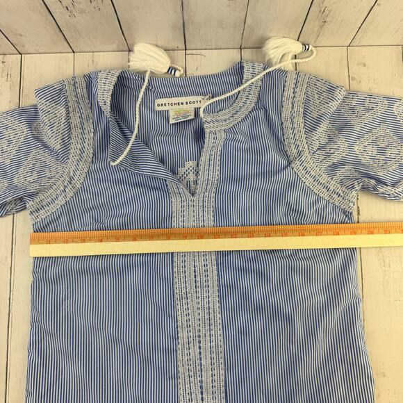 Gretchen Scott Blue/White Seersucker Odessa Tassel Tunic Shift Dress Size Small - Picture 11 of 13